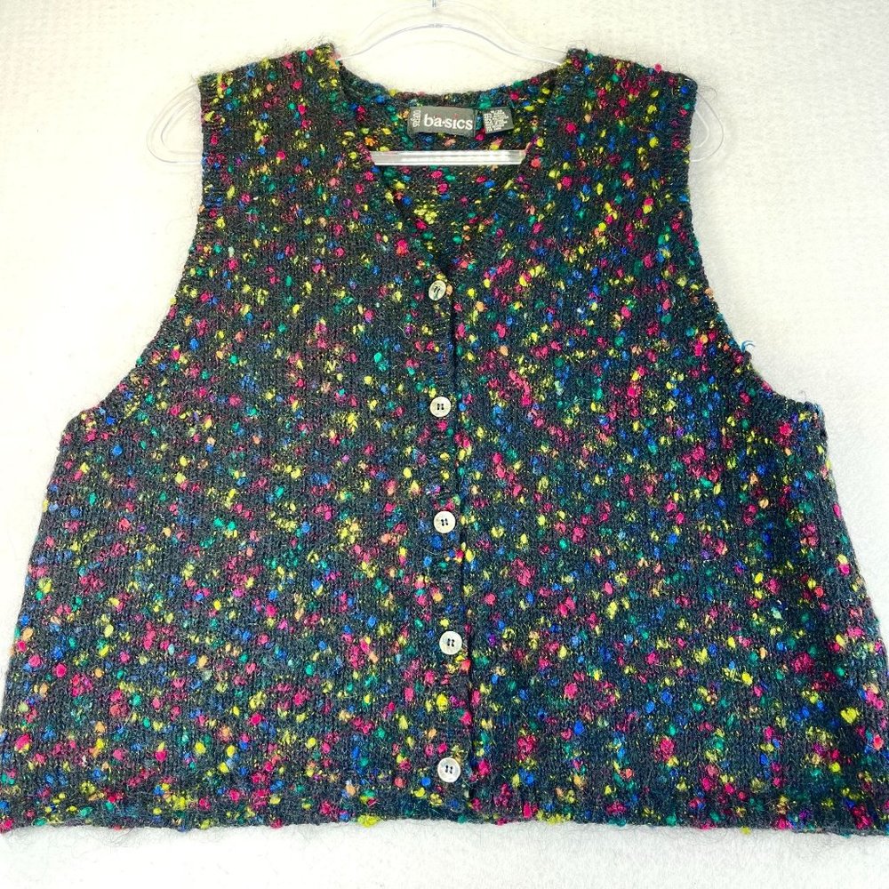 Vintage STEFANO BASICS Womens 18/20 Plus Black Multi Speckled Mohair Button Vest
